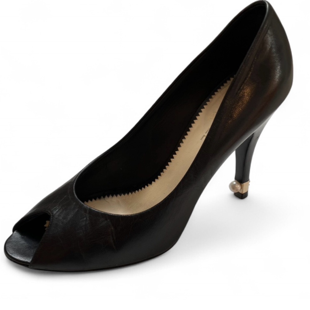 Chanel Black Leather Peep-Toe Pearl Logo Heels Size 8.5 - Picture 1 of 15